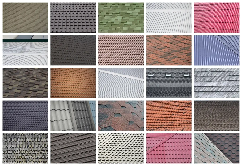 a collage of many pictures with fragments of various types of roofing close up a set of images with roof coating textures photo 1