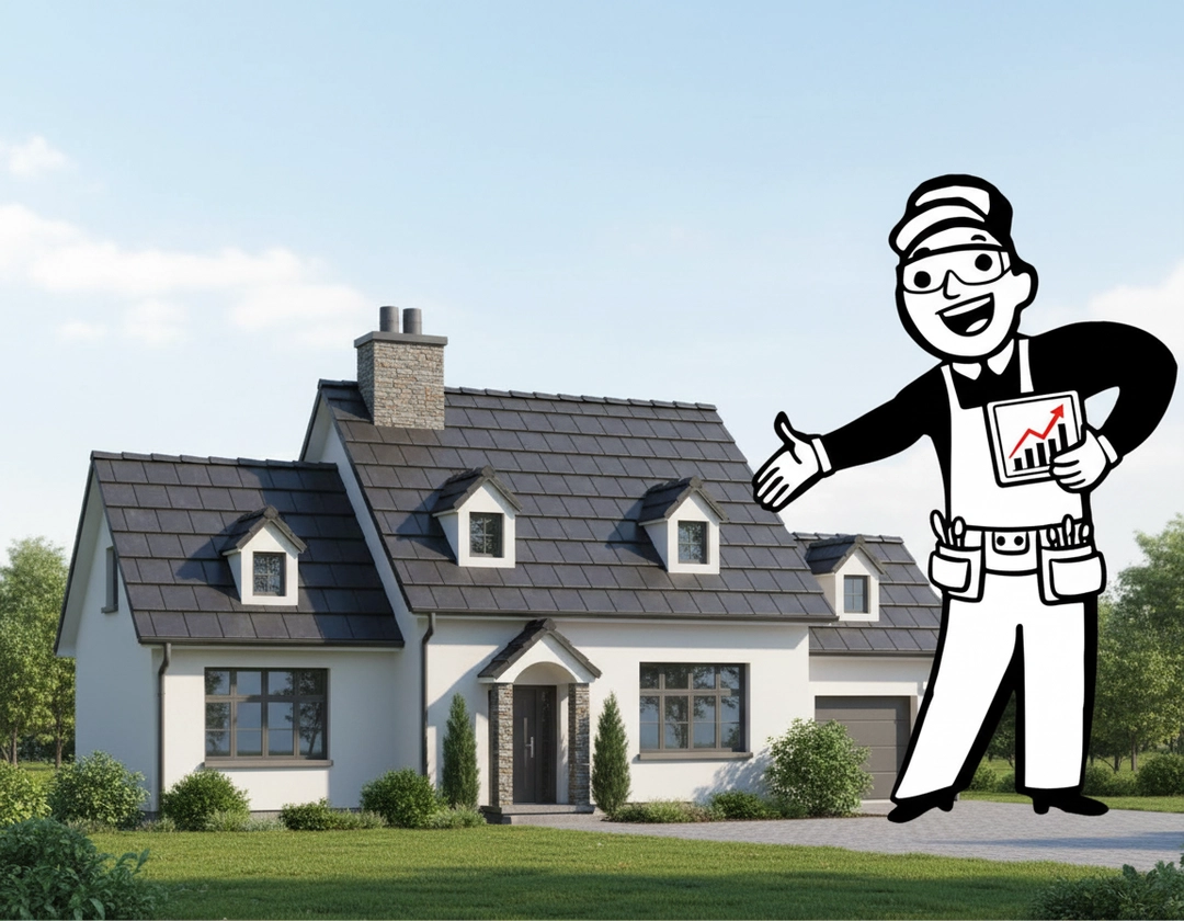 A cartoon contractor presents a document with a rising bar graph in front of a modern house.